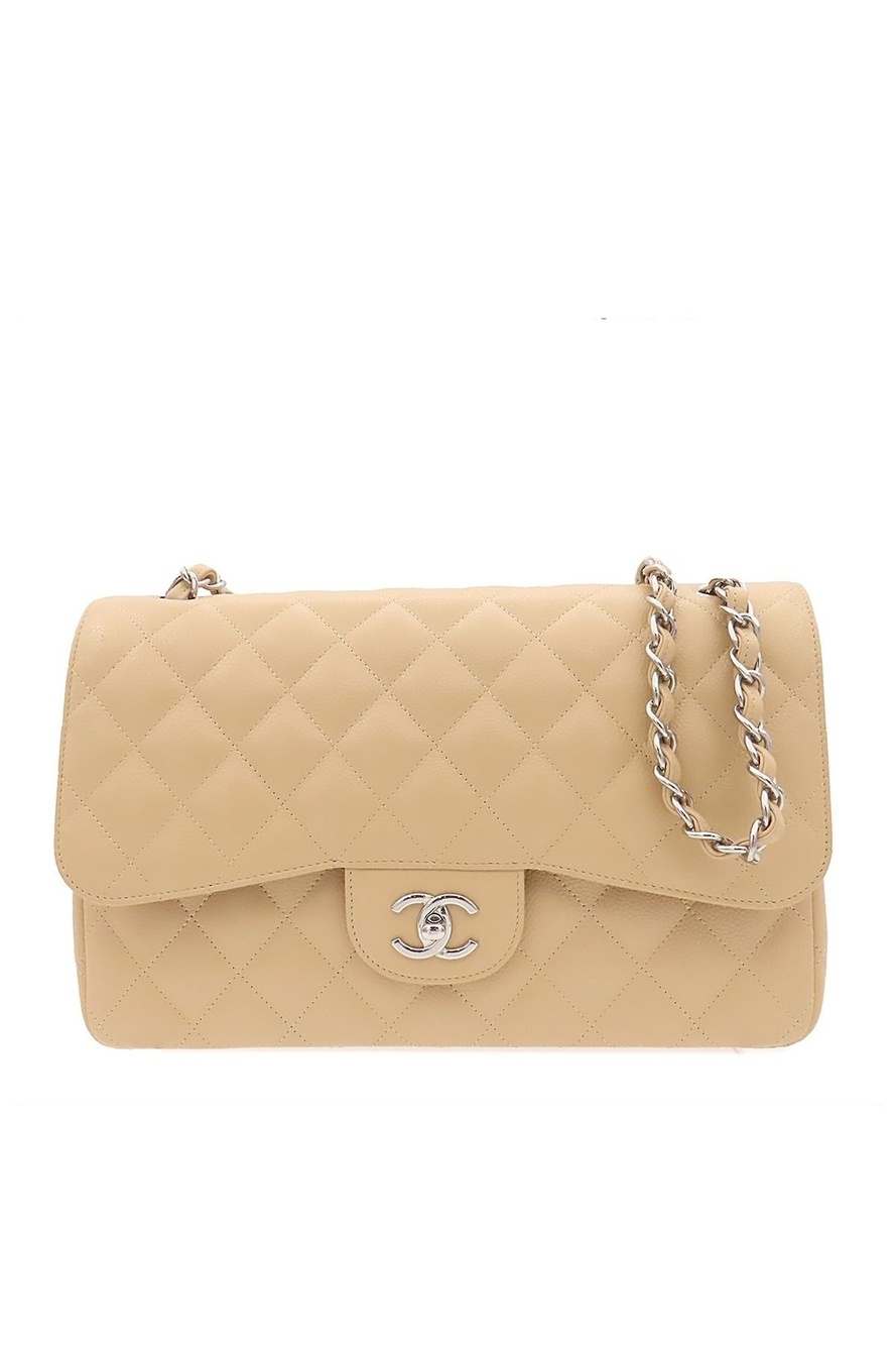 Chanel Beige Silver Caviar Leather Maxi Quilted 30 Chain Double Flap Bag CC Logo